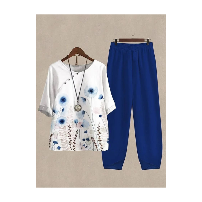 Women Floral Printing Two-Piece Set Daily Half Sleeve Casual Summer Top With Pants Matching Set