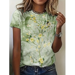 Women Floral Short Sleeve Tee T-shirt Crew Neck Printing Casual Summer Graphic Tee Top