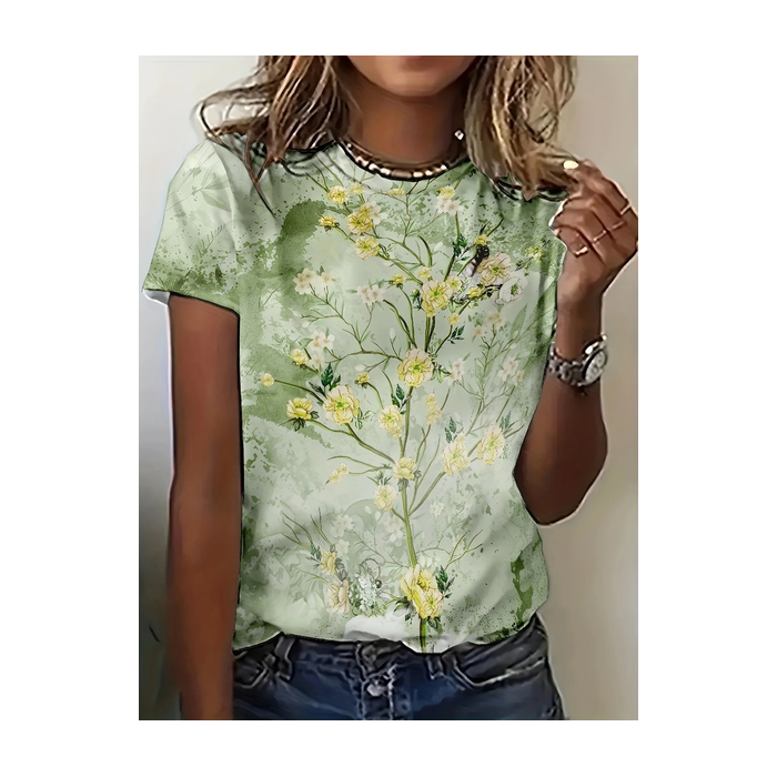 Women Floral Short Sleeve Tee T-shirt Crew Neck Printing Casual Summer Graphic Tee Top