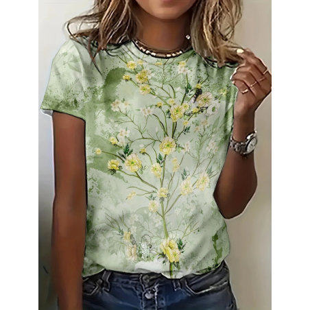 Women Floral Short Sleeve Tee T-shirt Crew Neck Printing Casual Summer Graphic Tee Top