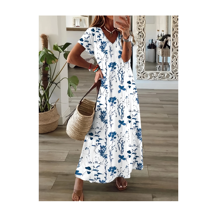 Women Floral Short Sleeve Summer Printing Dress V Neck Daily Casual Maxi T-Shirt Dress X-Line Dress