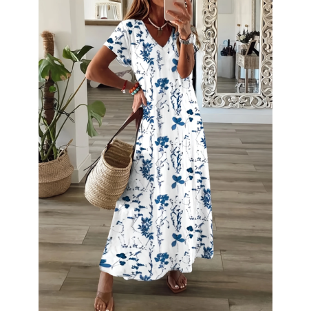 Women Floral Short Sleeve Summer Printing Dress V Neck Daily Casual Maxi T-Shirt Dress X-Line Dress