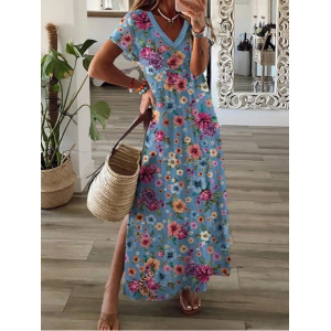 Women Floral Short Sleeve Summer Printing Dress V Neck Daily Casual Maxi T-Shirt Dress X-Line Dress