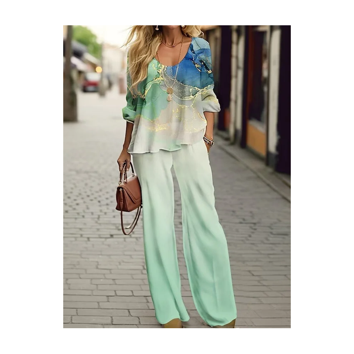 Women Abstract Printing Two-Piece Set Daily Long Sleeve Casual Spring/Fall Top With Pants Matching Set