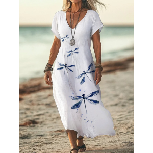 Women Dragonfly Short Sleeve Summer Printing Dress V Neck Daily Casual Maxi X-Line Dress