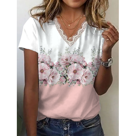 Women Floral Short Sleeve Tee T-shirt V Neck Printing Casual Summer Graphic Tee Top