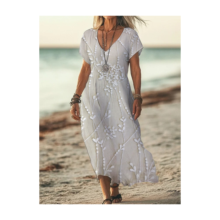 Women Floral Short Sleeve Summer Printing Dress V Neck Daily Casual Maxi X-Line Dress