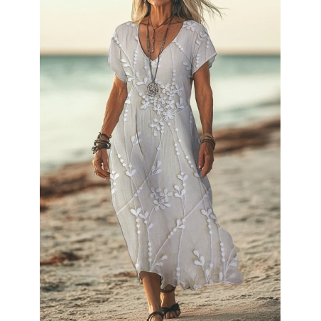 Women Floral Short Sleeve Summer Printing Dress V Neck Daily Casual Maxi X-Line Dress