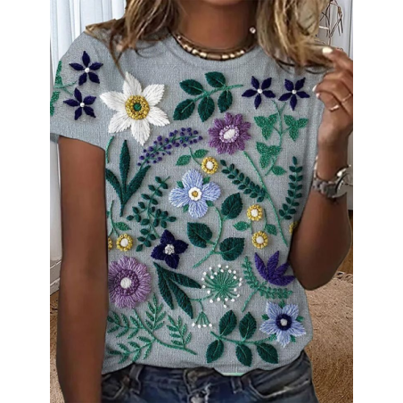 Women Floral Short Sleeve Tee T-shirt Crew Neck Printing Casual Summer Top