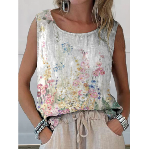 Women Sleeveless Tank Top Camisole Summer Floral Printing Crew Neck Daily Casual Top
