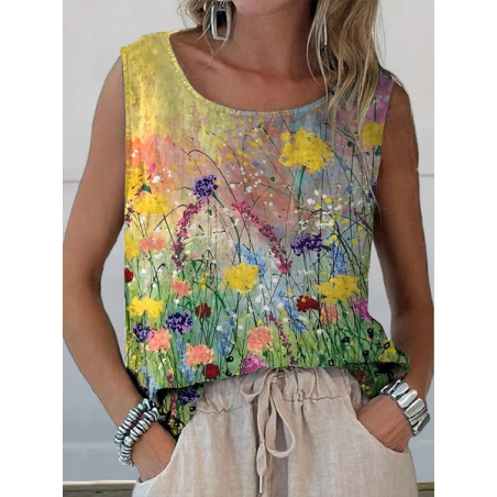 Women Sleeveless Tank Top Camisole Summer Floral Printing Crew Neck Daily Casual Top