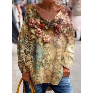 Women's Long Sleeve Tee T-shirt Spring/Fall Floral Printing V Neck Casual Top