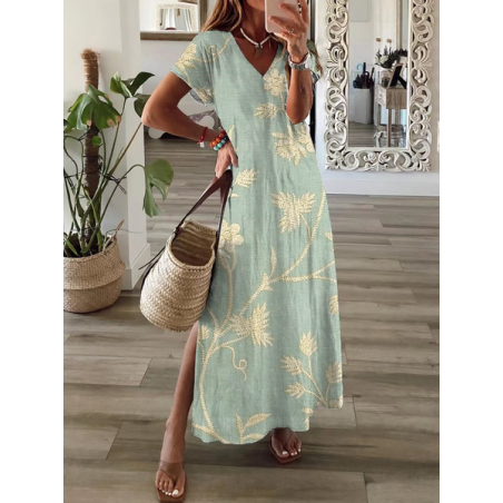 Women Floral Short Sleeve Summer Printing Dress V Neck Daily Casual Maxi T-Shirt Dress X-Line Dress