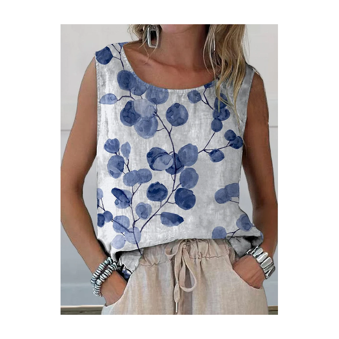 Women Sleeveless Tank Top Camisole Summer Floral Printing Crew Neck Daily Casual Top