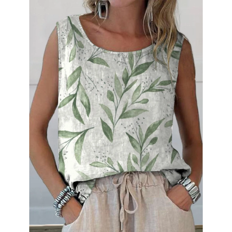 Women Sleeveless Tank Top Camisole Summer Floral Printing Crew Neck Daily Casual Top