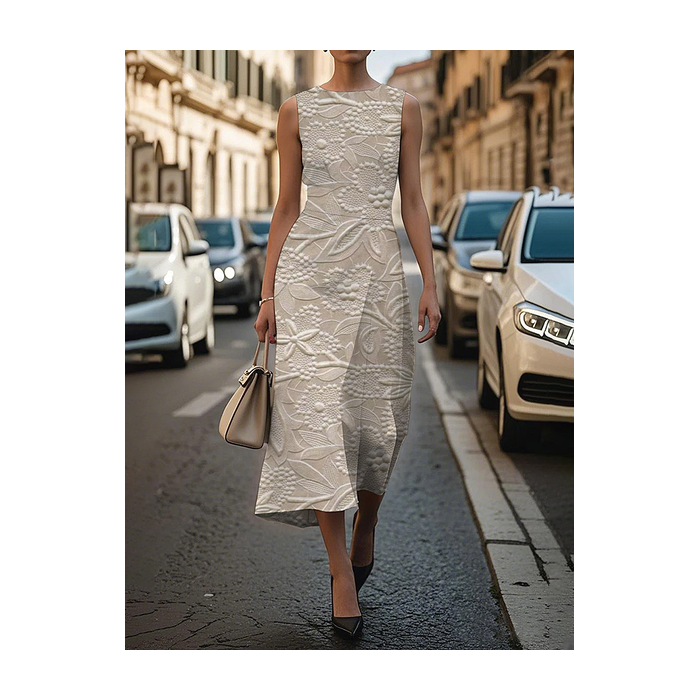 Women Floral Sleeveless Summer Printing Dress Crew Neck Daily Vintage Maxi Shift Dress H-Line Dress