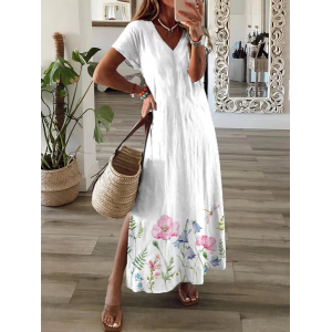 Women Floral Short Sleeve Summer Printing Dress V Neck Daily Casual Maxi T-Shirt Dress X-Line Dress