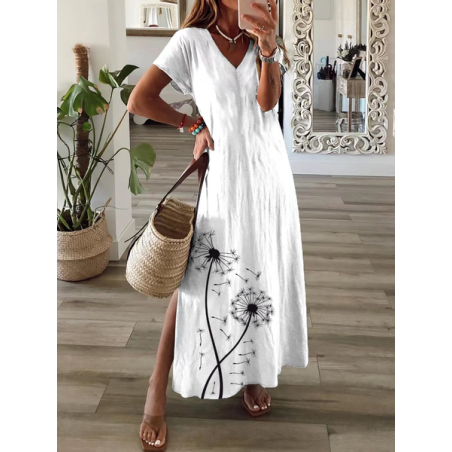 Women Floral Short Sleeve Summer Printing Dress V Neck Daily Casual Maxi T-Shirt Dress X-Line Dress