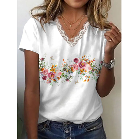 Women Floral Short Sleeve Tee T-shirt V Neck Printing Casual Summer Graphic Tee Top