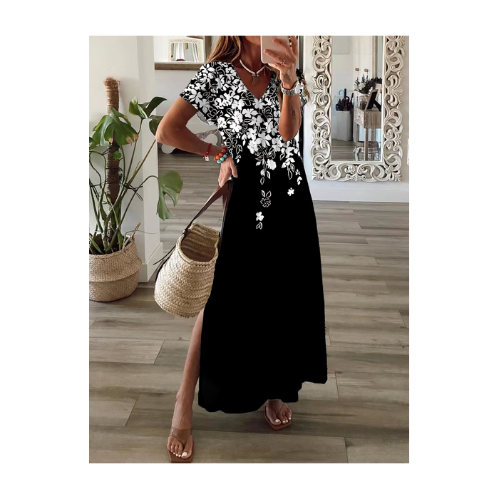 Women Floral Short Sleeve Summer Printing Dress V Neck Daily Casual Maxi T-Shirt Dress X-Line Dress