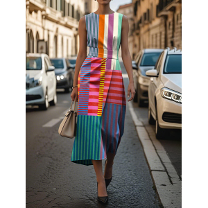 Women Striped Sleeveless Summer Printing Dress Crew Neck Daily Vintage Maxi Shift Dress H-Line Dress