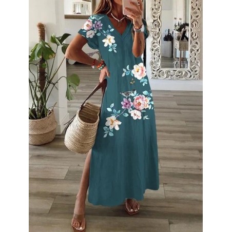 Women Floral Short Sleeve Summer Printing Dress V Neck Daily Casual Maxi T-Shirt Dress X-Line Dress