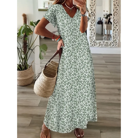 Women Floral Short Sleeve Summer Printing Dress V Neck Daily Casual Maxi T-Shirt Dress X-Line Dress