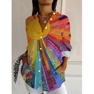 Women's Long Sleeve Shirt Spring/Fall Floral Buckle Shirt Collar Daily Going Out Casual Top