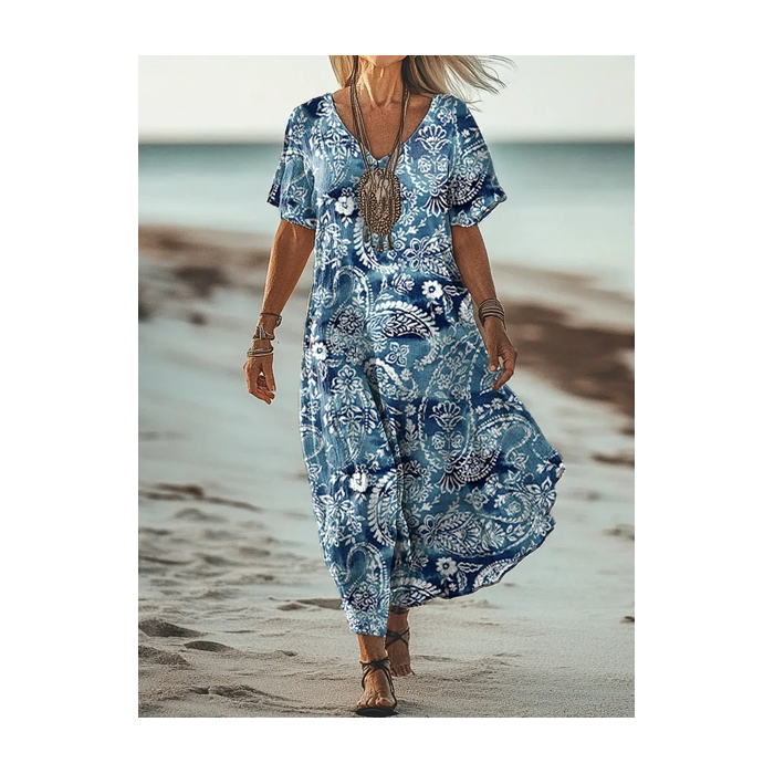 Women Paisley Short Sleeve Summer Dress V Neck Daily Vintage Maxi A-Line Dress