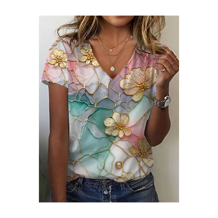 Women Floral Short Sleeve Tee T-shirt V Neck Printing Casual Summer Graphic Tee Top