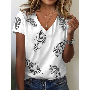 Women Feather Short Sleeve Tee T-shirt V Neck Printing Casual Summer Graphic Tee Top