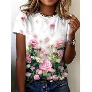 Women Floral Short Sleeve Tee T-shirt Crew Neck Printing Casual Summer Graphic Tee Top