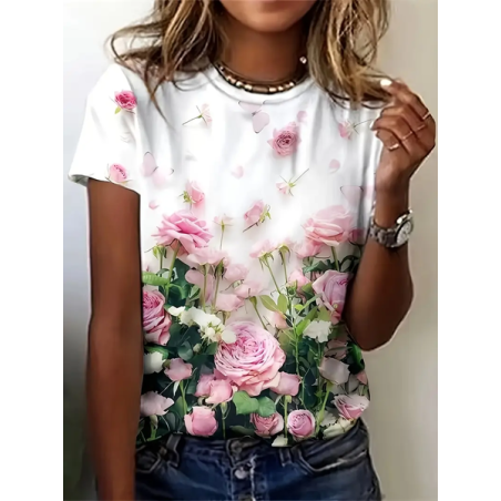 Women Floral Short Sleeve Tee T-shirt Crew Neck Printing Casual Summer Graphic Tee Top