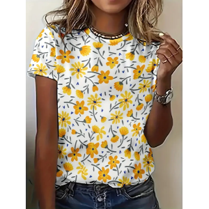 Women Floral Short Sleeve Tee T-shirt Crew Neck Printing Casual Summer Graphic Tee Top