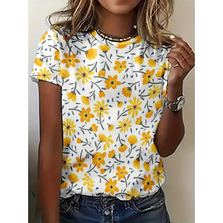 Women Floral Short Sleeve Tee T-shirt Crew Neck Printing Casual Summer Graphic Tee Top
