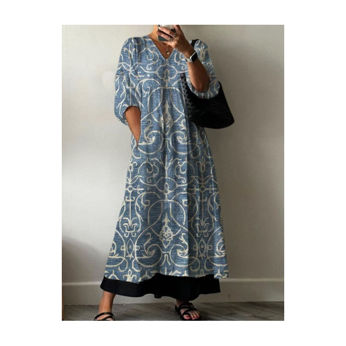 Women Floral Half Sleeve Summer Printing Dress V Neck Daily Casual Maxi A-Line Dress