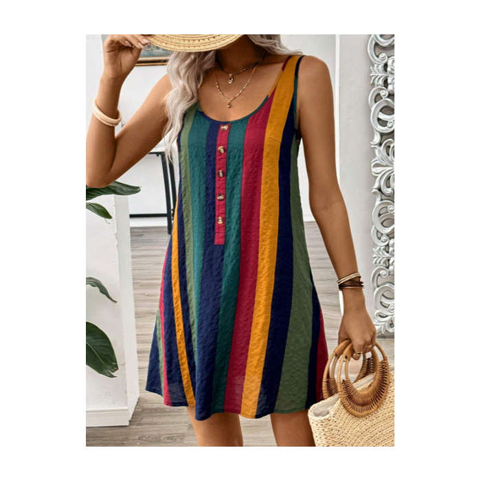 Women Striped Sleeveless Summer Printing Dress Crew Neck Daily Casual Midi Tank X-Line Dress