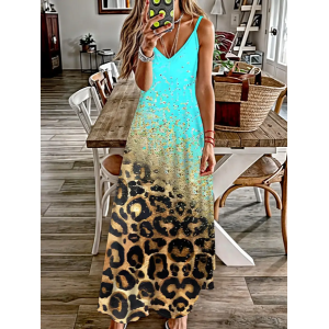 Women Leopard Sleeveless Summer Printing Dress V Neck Daily Casual Maxi Slip Dress X-Line Dress