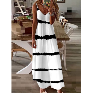 Women Striped Sleeveless Summer Printing Dress V Neck Daily Casual Maxi Slip Dress X-Line Dress
