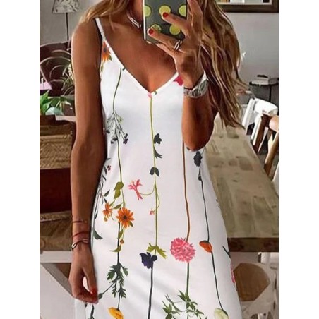 Women Floral Sleeveless Summer Printing Dress V Neck Daily Casual Maxi Slip Dress X-Line Dress