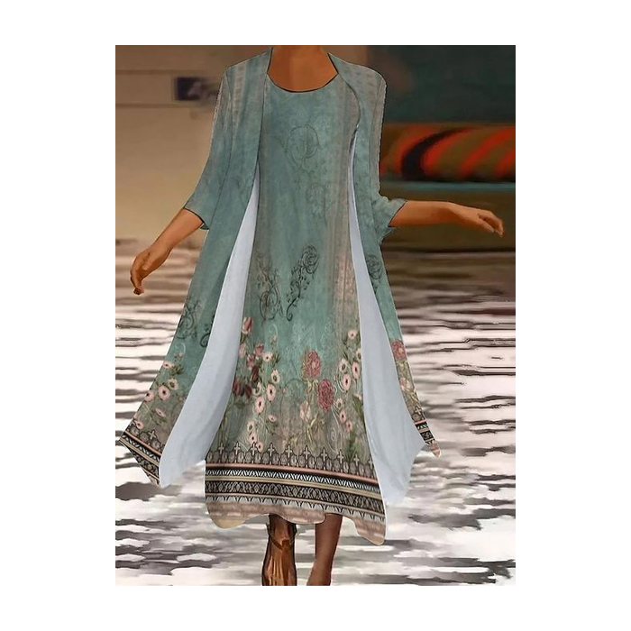 Women Floral Printing Two-Piece Set Daily Three Quarter Sleeve Casual Spring/Fall Dress With Coat Matching Set