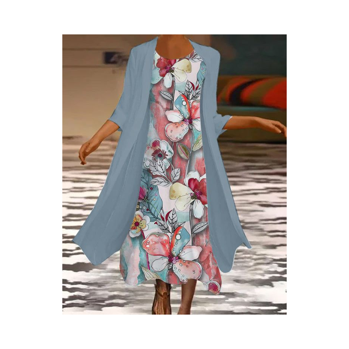 Women Floral Printing Two-Piece Set Daily Three Quarter Sleeve Casual Spring/Fall Dress With Coat Matching Set