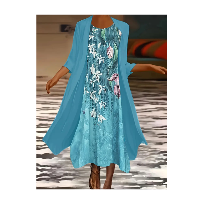Women Floral Printing Two-Piece Set Daily Three Quarter Sleeve Casual Spring/Fall Dress With Coat Matching Set
