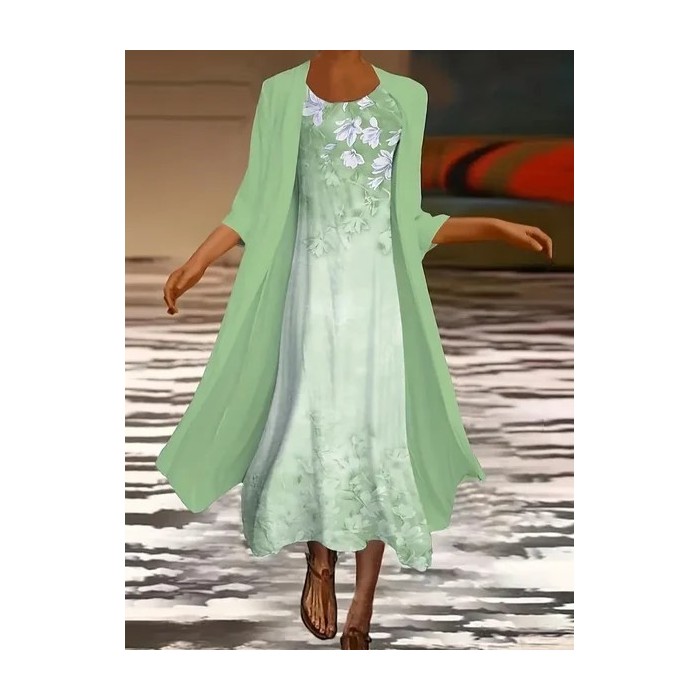 Women Floral Printing Two-Piece Set Daily Three Quarter Sleeve Casual Spring/Fall Dress With Coat Matching Set