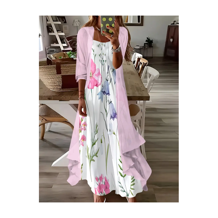 Women Floral Printing Two-Piece Set Daily Three Quarter Sleeve Casual Spring/Fall Dress With Coat Matching Set