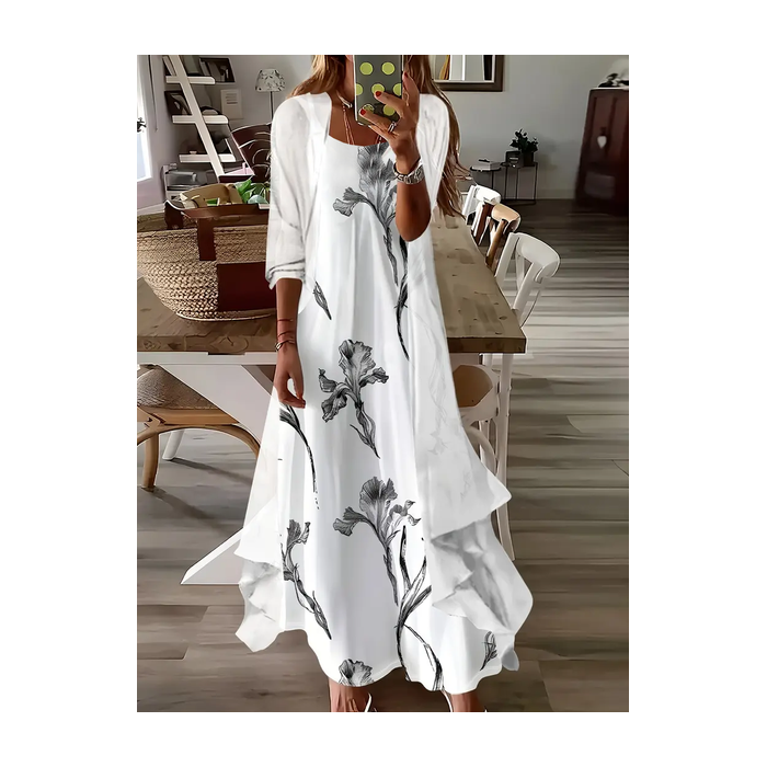 Women Floral Printing Two-Piece Set Daily Three Quarter Sleeve Casual Spring/Fall Dress With Coat Matching Set