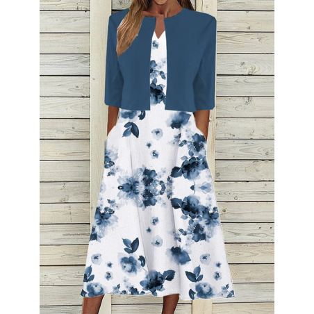 Women Floral Printing Two-Piece Set Daily Half Sleeve Casual Summer Dress With Coat Matching Set