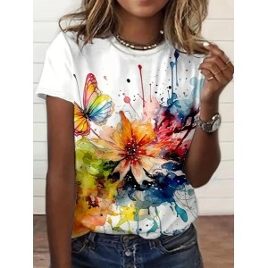 Women Floral Short Sleeve Tee T-shirt Crew Neck Printing Casual Summer Graphic Tee Top