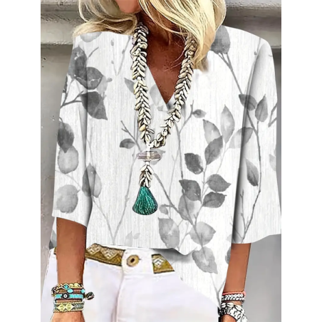 Women's Floral Three Quarter Sleeve Blouse Spring/Fall Printing V Neck Daily Casual Top