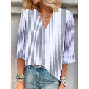 Women's Striped Three Quarter Sleeve Blouse Spring/Fall Printing V Neck Daily Casual Top